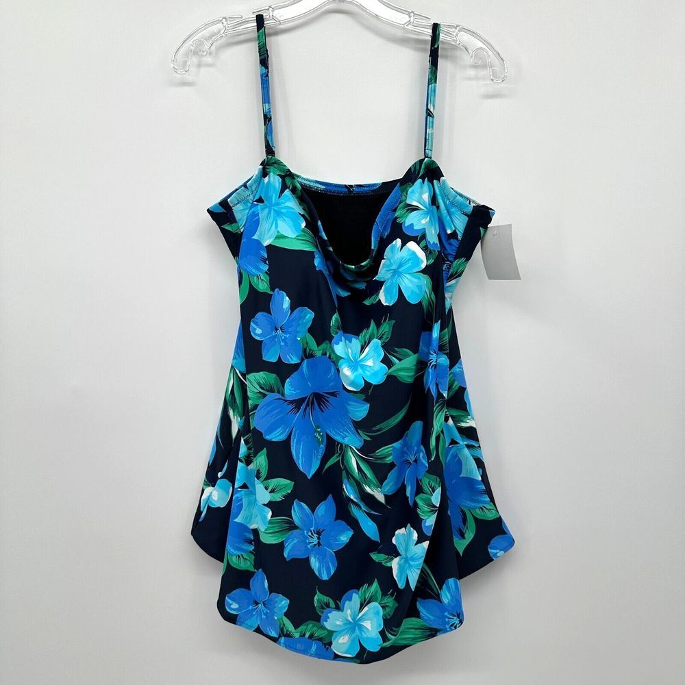 Silver by Gottex Swimsuit Size 26W One Piece Blue Floral Front Overlay Skirt New